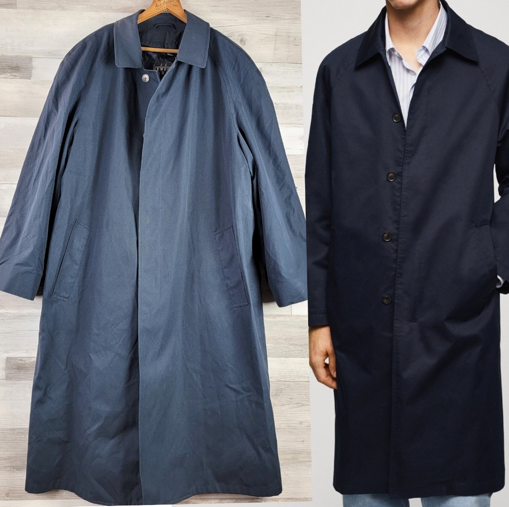 Vintage Newport Harbor Wool Lined Blue Cotton Trench Coat Mens Size XL USA Made